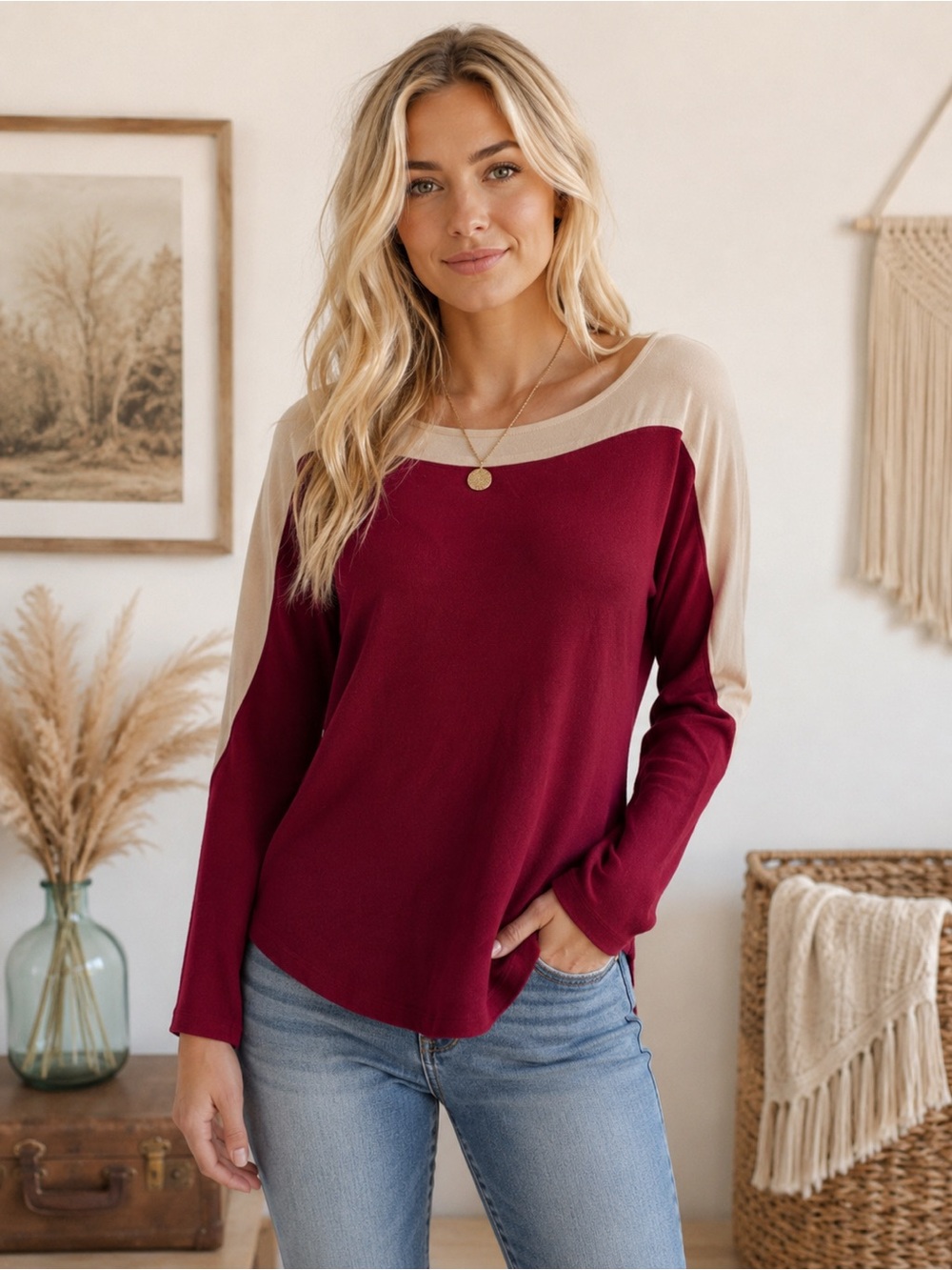 THML Burgundy and Beige Sweater